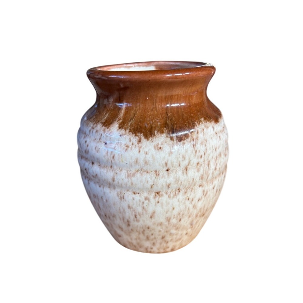 Vintage Handcrafted Speckled Ceramic Vase Cream & Brown Rustic MCM 4.75" GIFT